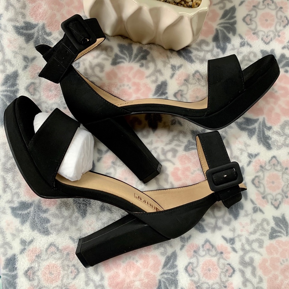 New Women Black Chunky Ankle Stap High Heels